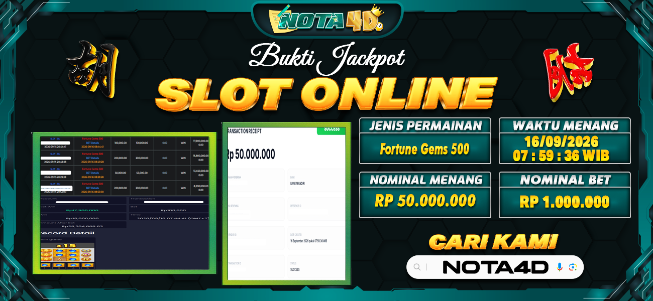 Bukti Kemenangan Besar Dibayar lunas Member NOTA4D RP 50.000.000, 16 September 2026