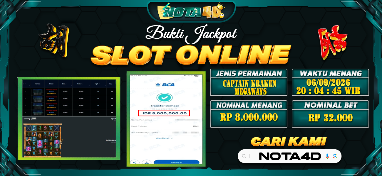 Bukti Kemenangan Besar Dibayar lunas Member NOTA4D RP 8.000.000, 6 September 2026