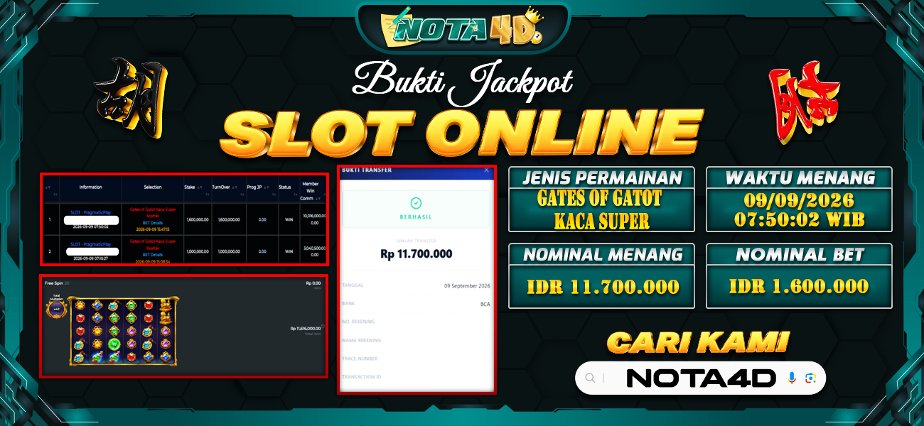 Bukti Kemenangan Besar Dibayar lunas Member NOTA4D RP 11.700.000, 9 September 2026